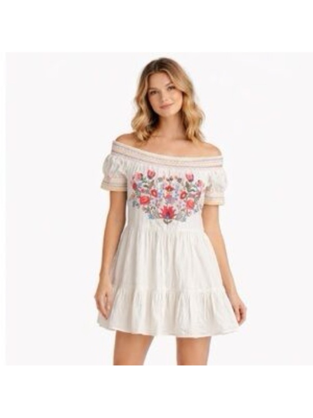 Forever 21 White Off-Shoulder Floral Embroidered Mini Dress